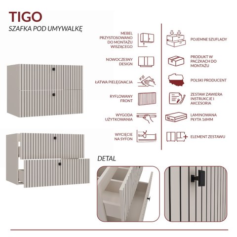 WISZĄCA SZAFKA POD UMYWALKĘ TIGO 2 SZUFLADY RYFLOWANY FRONT KOLOR: KASZMIR