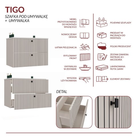 WISZĄCA SZAFKA POD UMYWALKĘ TIGO RYFLOWANY FRONT + UMYWALKA KOLOR: KASZMIR