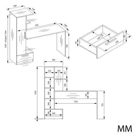 ZESTAW BIURKO Z REGAŁEM COSMO SZUFLADA PÓŁKI DĄB SONOMA