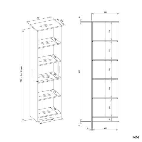 REGAŁ SZAFKA 50CM DO BIURA SALONU 5 PÓŁEK DĄB ARTISAN / CZARNE OBRZEŻA