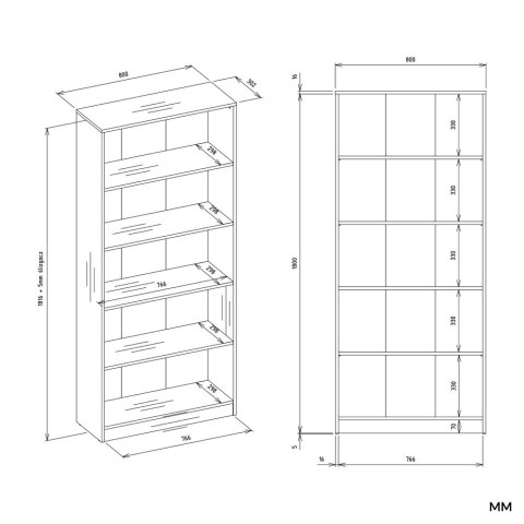 REGAŁ SZAFKA 80CM DO BIURA SALONU 5 PÓŁEK DĄB ARTISAN / CZARNE OBRZEŻA