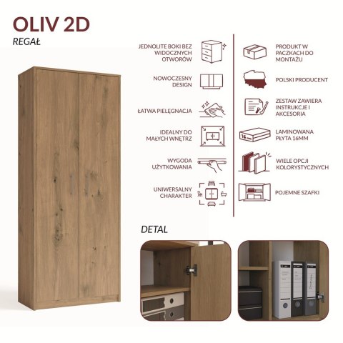 REGAŁ ZAMYKANY OLIV 8 PÓŁEK DO SALONU BIURA POKOJU DĄB ARTISAN
